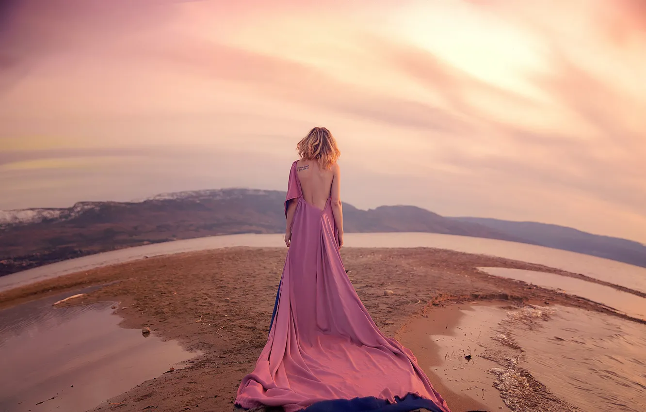 Photo wallpaper sand, water, girl, back, dress, tattoo, Lichon, Lost Sky