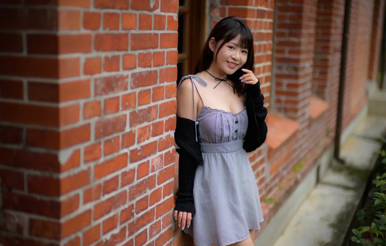 Photo wallpaper look, pose, model, portrait, brick, makeup, figure, dress