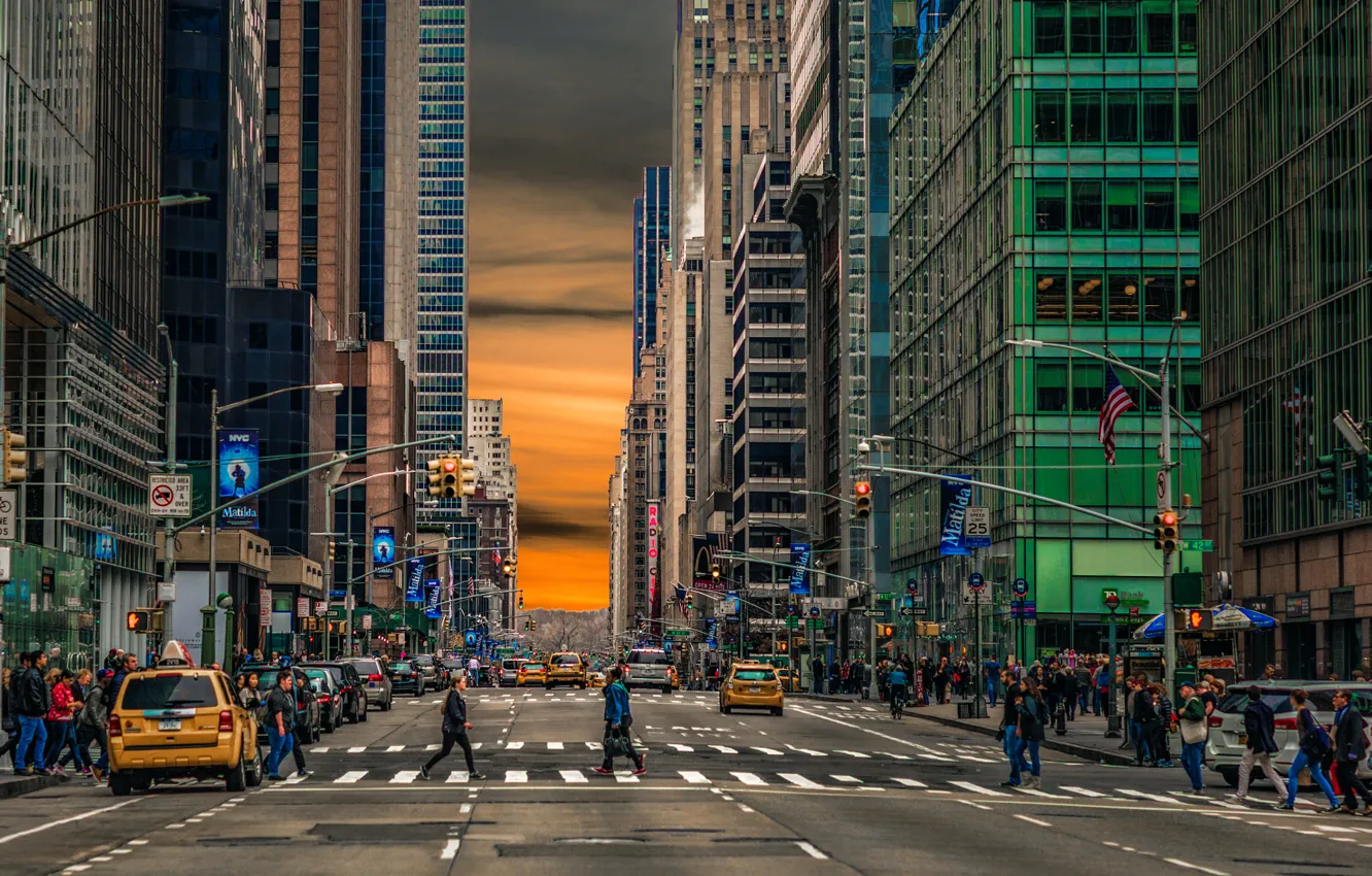 Photo wallpaper machine, street, taxi, New York City, passers-by