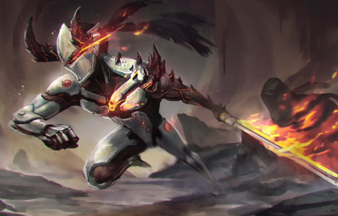 Photo wallpaper fire, flame, sword, game, armor, mecha, weapon, man