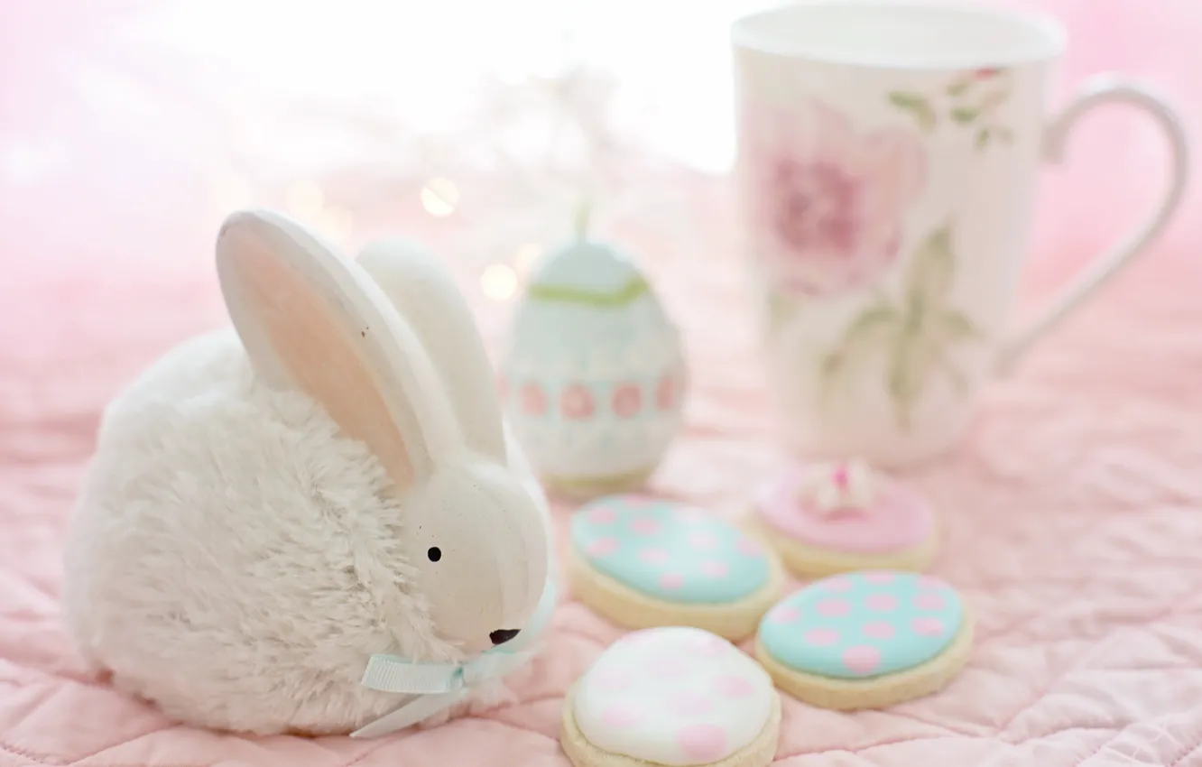 Photo wallpaper white, holiday, toy, eggs, spring, rabbit, cookies, Easter