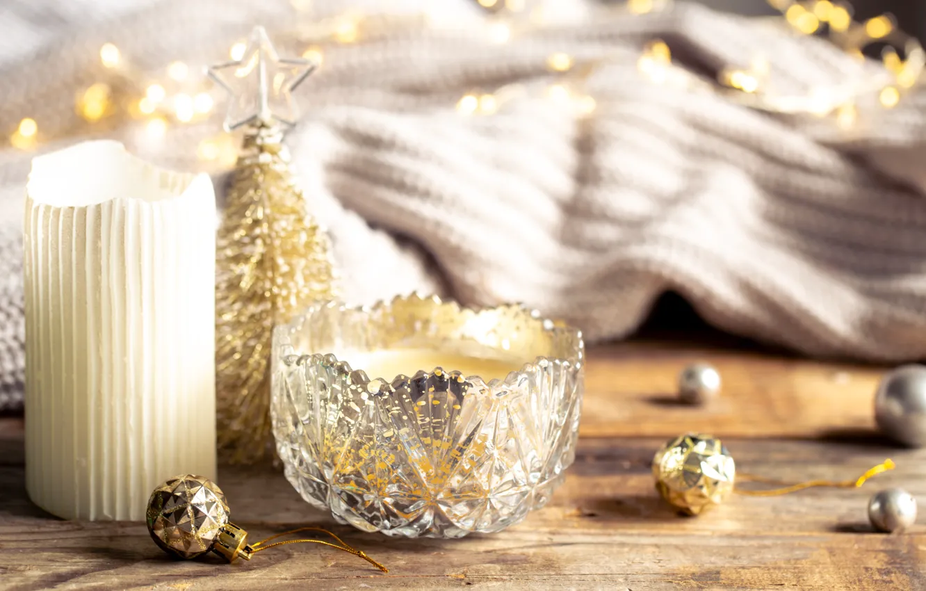 Photo wallpaper balls, light, comfort, holiday, toy, Board, new year, candles