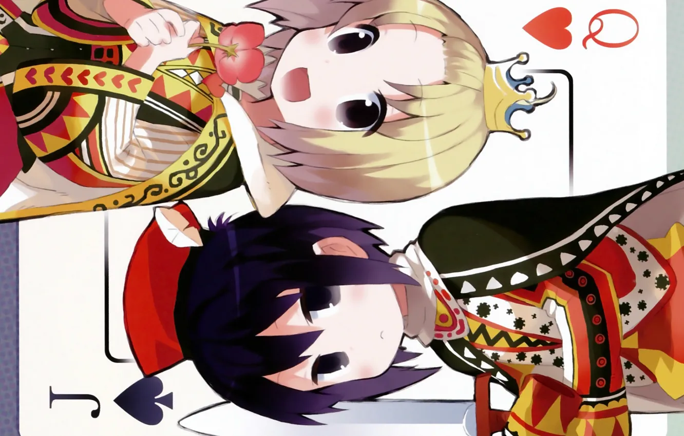 Photo wallpaper flowers, boy, crown, mantle, two, manga, playing cards, Q &amp; J