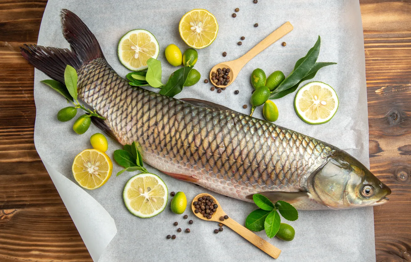 Photo wallpaper table, lemon, fish