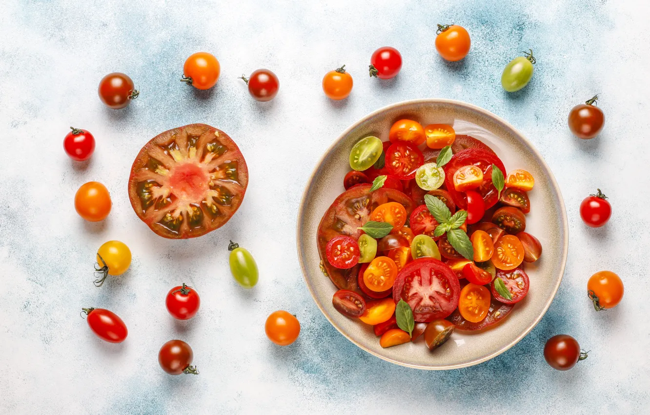 Photo wallpaper tomatoes, salad, oovshi