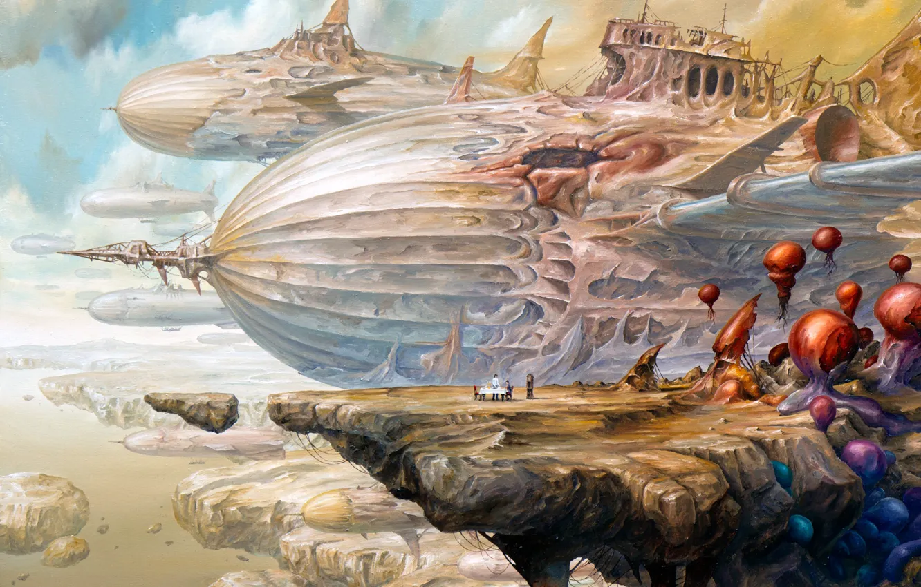 Photo wallpaper dream, girl, fantasy, airship, sky, flying, woman, rocks