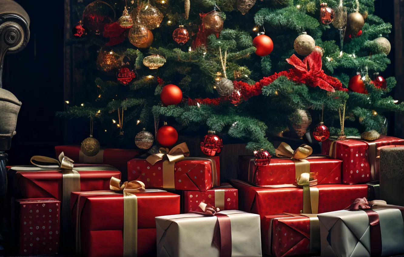 Photo wallpaper decoration, gift, balls, tree, new year, Christmas, Christmas, New Year