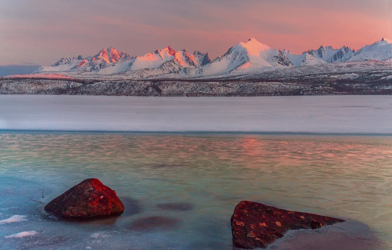 Photo wallpaper ice, snow, landscape, mountains, nature, lake, stones, dawn