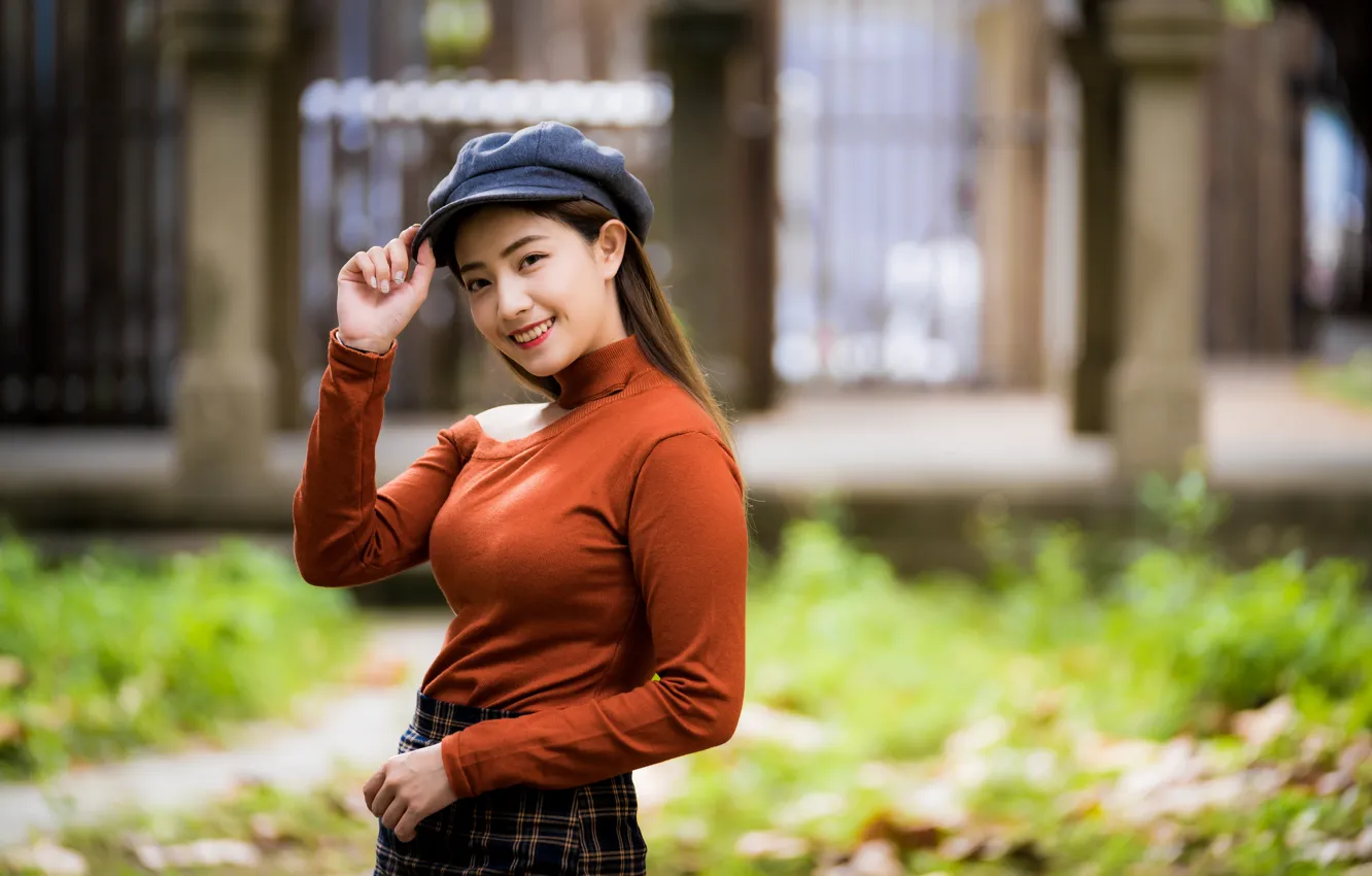 Photo wallpaper smile, sweetheart, cap, blouse, Asian, bokeh, jevuska
