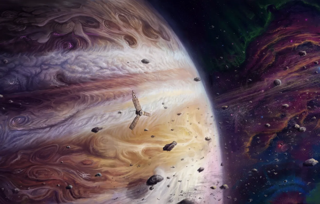 Photo wallpaper space, planet, satellite, asteroids, art, giant, Jupiter, jupiter and juno