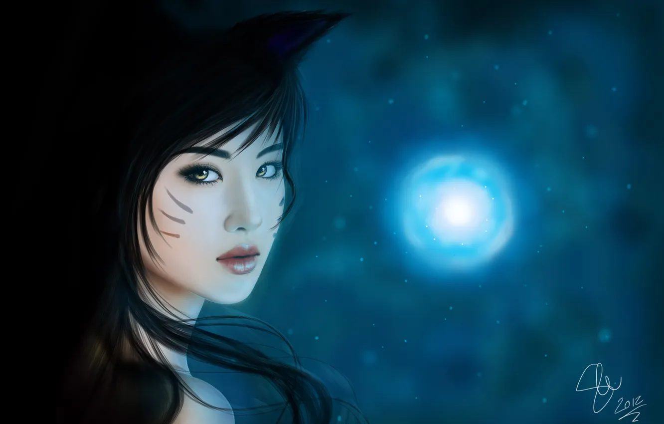Photo wallpaper girl, face, background, lights, art, ears, League of Legends, Ahri