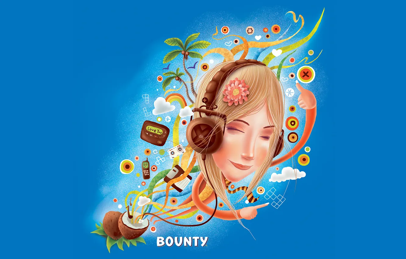 Photo wallpaper girl, chocolate, coconut, headphones, bounty, promo, bar, Bounty