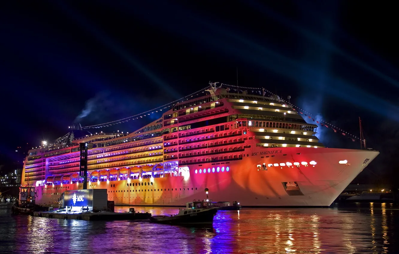 Photo wallpaper lights, stay, pier, port, beautiful, liner, spotlight, MSC Magnifica