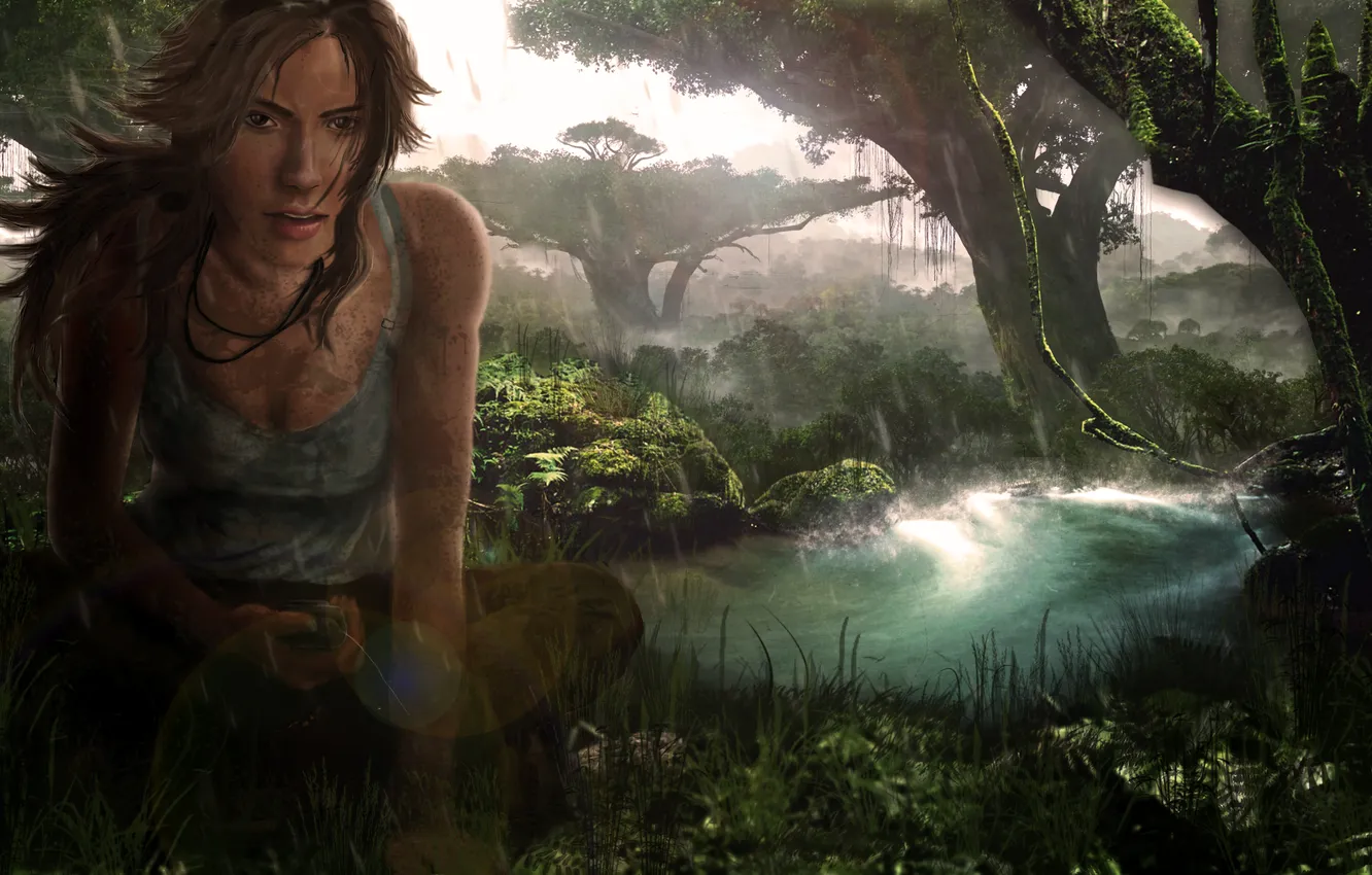 Photo wallpaper forest, trees, stream, plant, tomb raider, Croft, Lara