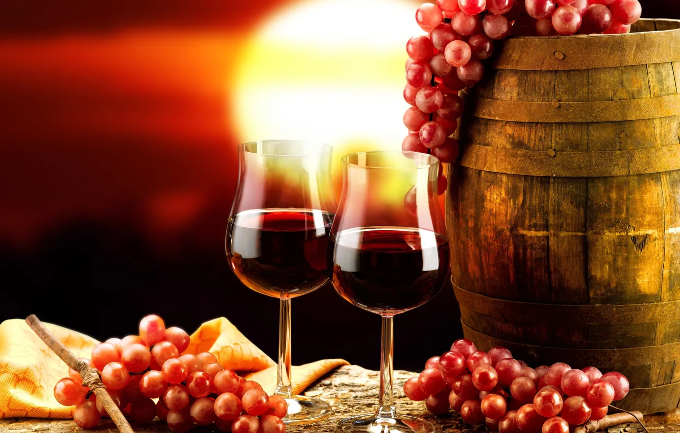 Photo wallpaper sunset, red, background, wine, glass, grapes, barrel