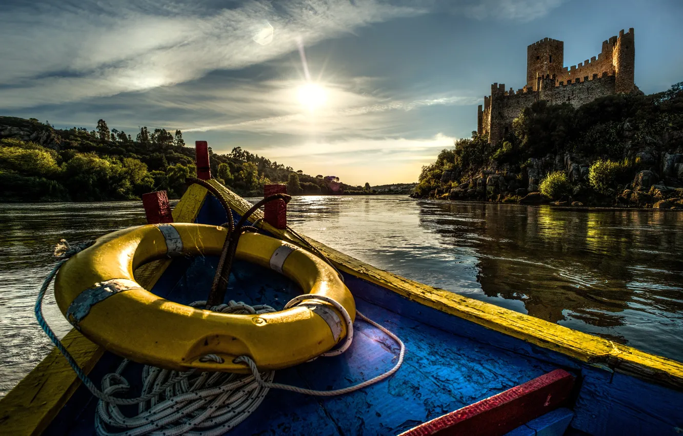 Photo wallpaper river, castle, boat, Portugal, Portugal, lifeline, Tagus River, the Tagus river