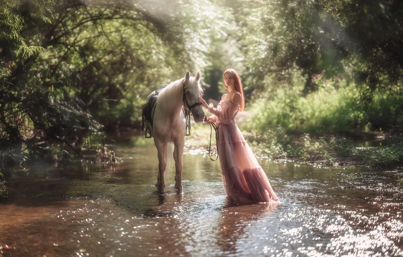 Photo wallpaper girl, nature, river, mood, horse, horse, dress, Diana Lipkina