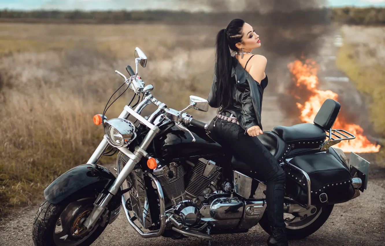 Photo wallpaper girl, pose, fire, smoke, jacket, motorcycle, Diana Lipkina
