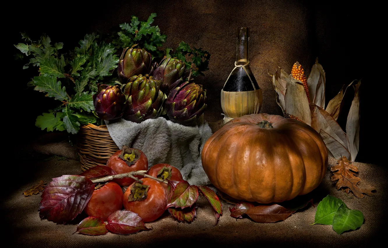 Photo wallpaper leaves, wine, bottle, food, towel, corn, pumpkin, fruit