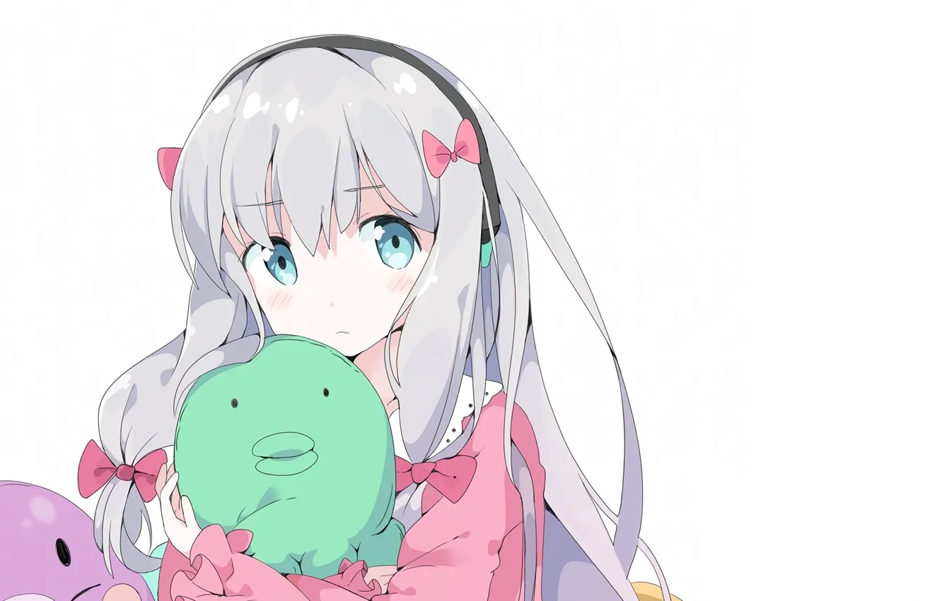 Photo wallpaper girl, white background, bows, blue eyes, white hair, bezel, soft toy, EroManga-Sensei