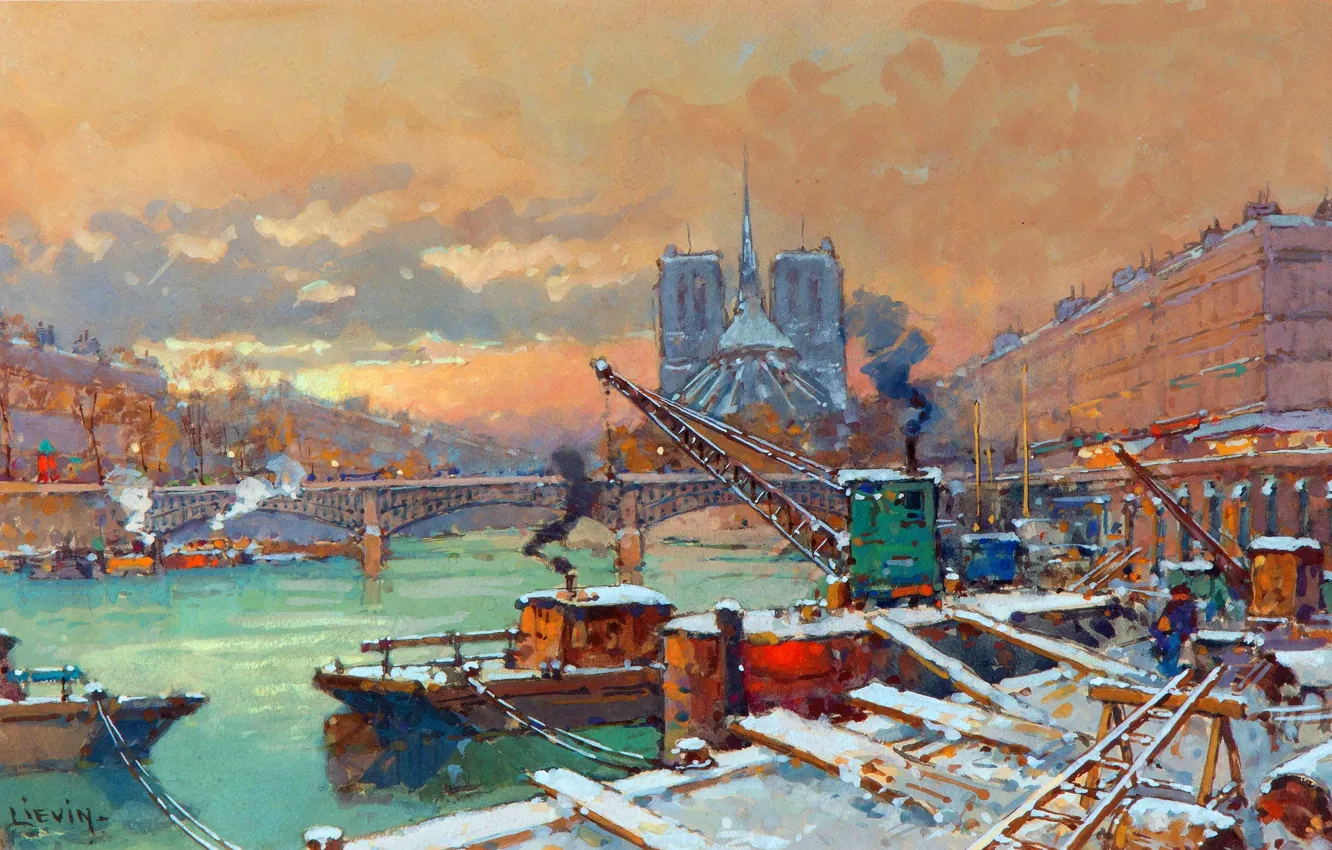 Photo wallpaper Bridge, Promenade, Picture, Crane, Ships, Eugene Galien-Laloue, Eugene Gallien-Laloux, Snowy Seine embankment in Paris