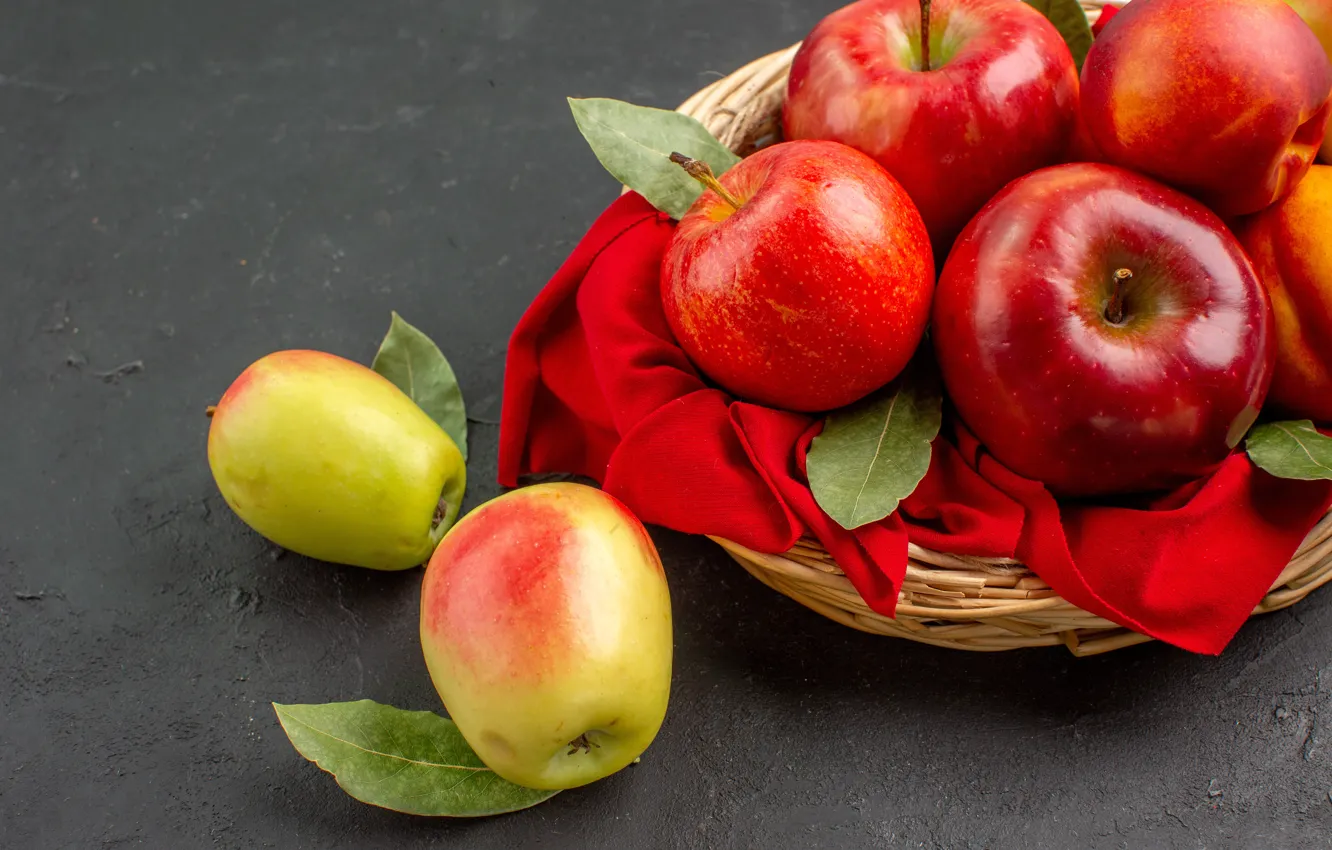 Photo wallpaper leaves, yellow, red, table, apples, towel, fabric, fruit