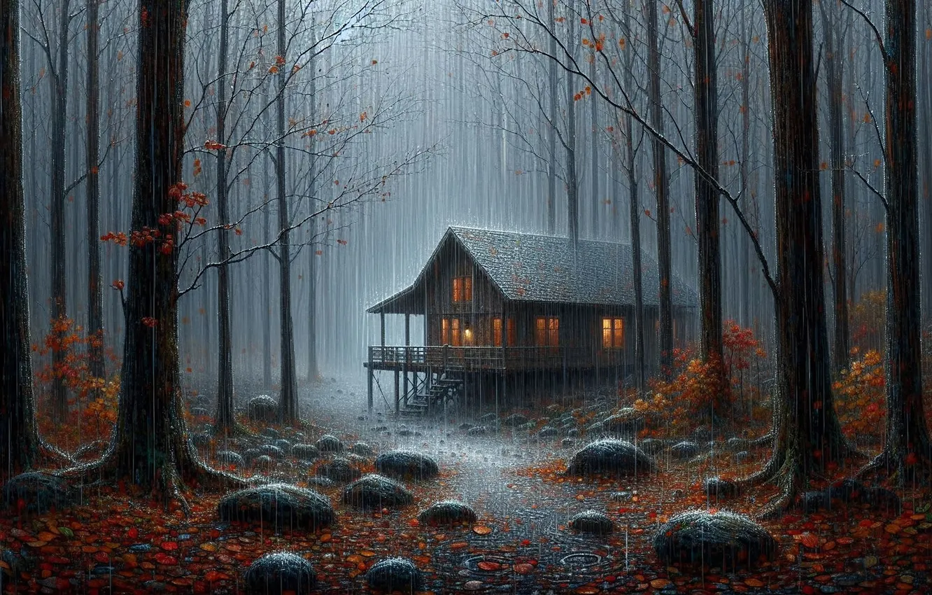 Photo wallpaper autumn, forest, trees, nature, house, AI art