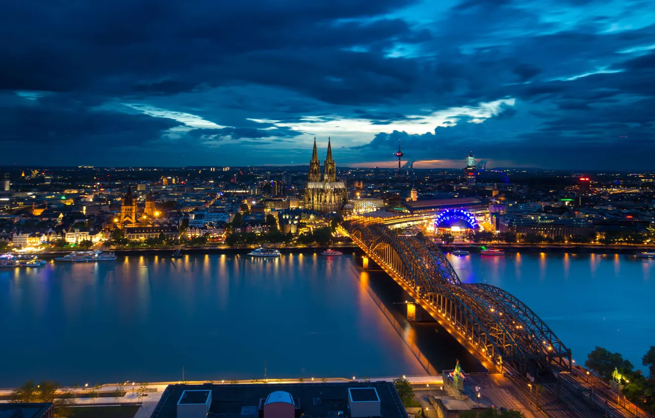 Photo wallpaper bridge, lights, river, Germany, Cathedral, Cologne