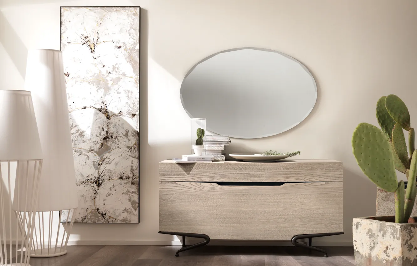 Photo wallpaper interior, mirror, floor lamp, chest