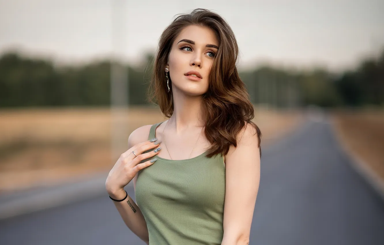 Photo wallpaper road, highway, beautiful girl, bokeh, model posing, charming brown-haired, Portrait of a woman