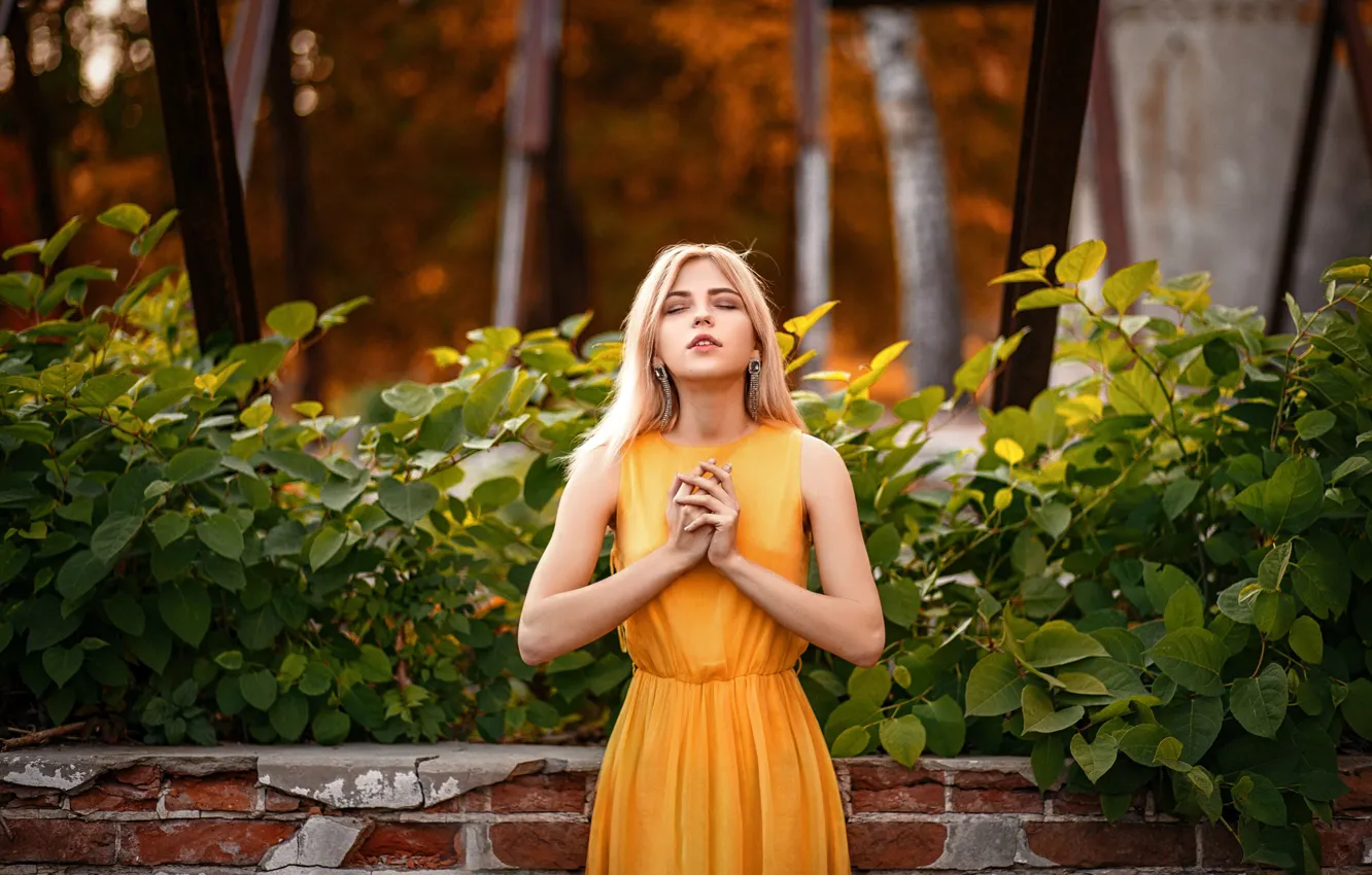 Photo wallpaper pose, wall, model, portrait, brick, makeup, figure, dress