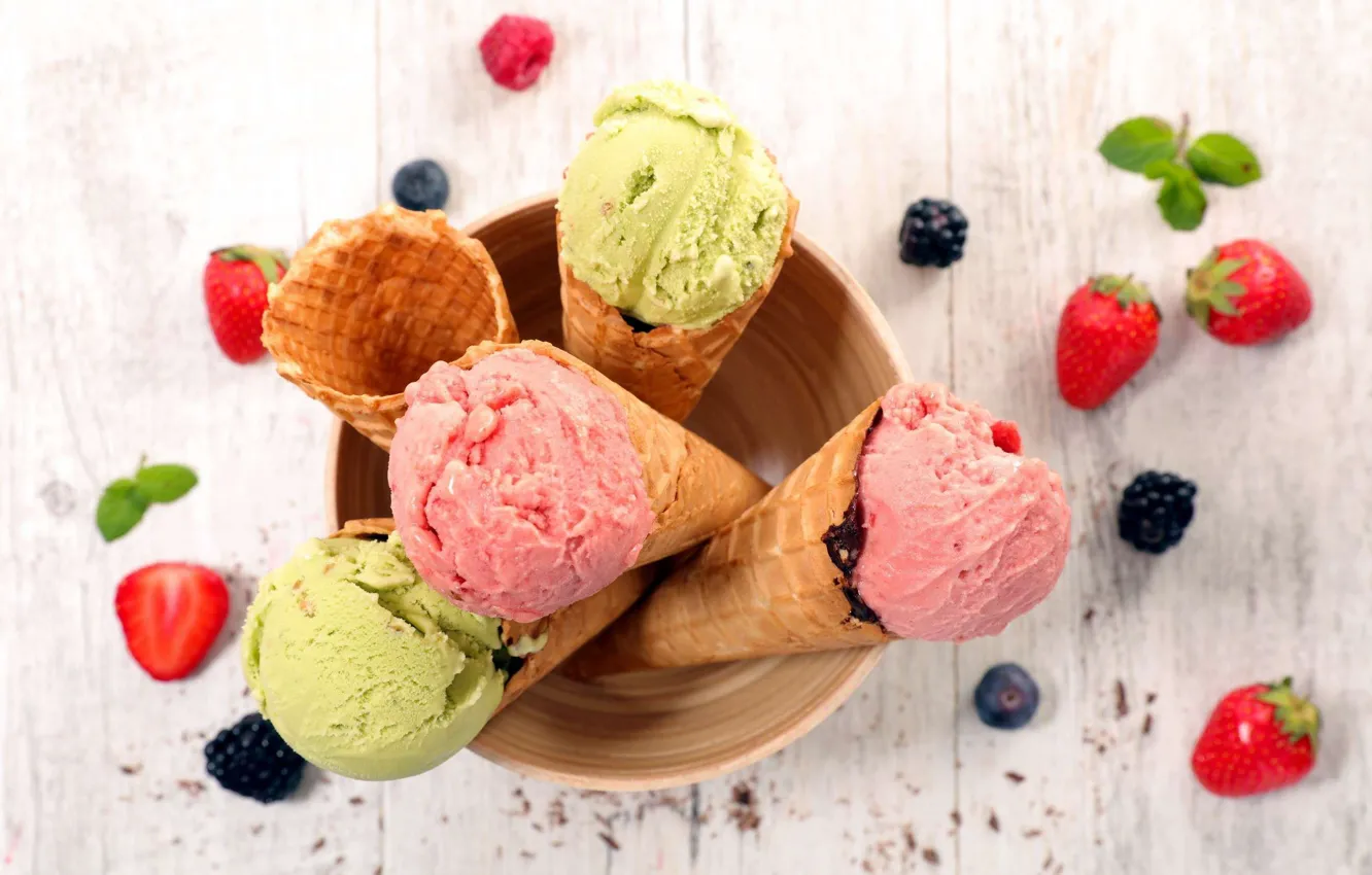 Photo wallpaper strawberry, ice cream, horn, dessert, cuts, waffle