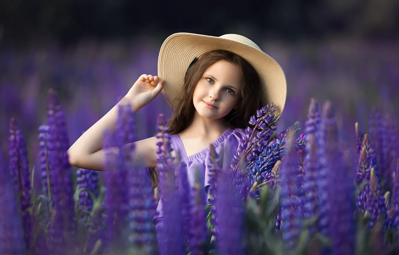 Photo wallpaper field, summer, flowers, nature, children, portrait, hat, girl