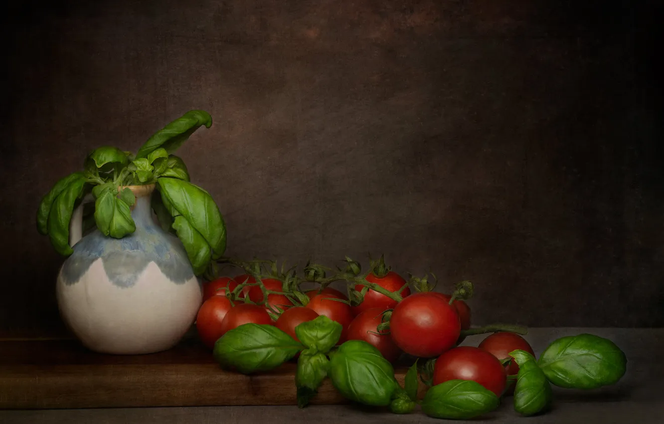 Photo wallpaper greens, leaves, the dark background, table, Board, red, vase, pitcher
