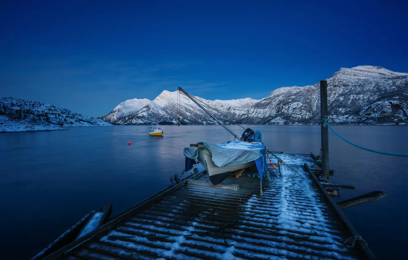 Photo wallpaper winter, sea, snow, mountains, boat, Bay, pier, Norway