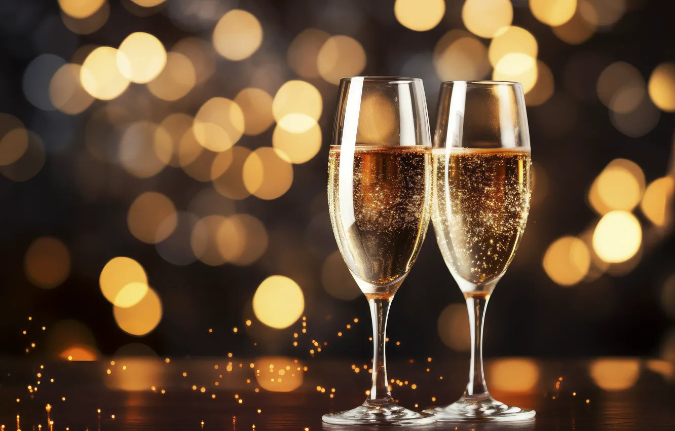 Photo wallpaper glass, new year, golden, champagne, Christmas, bokeh, New Year, celebration