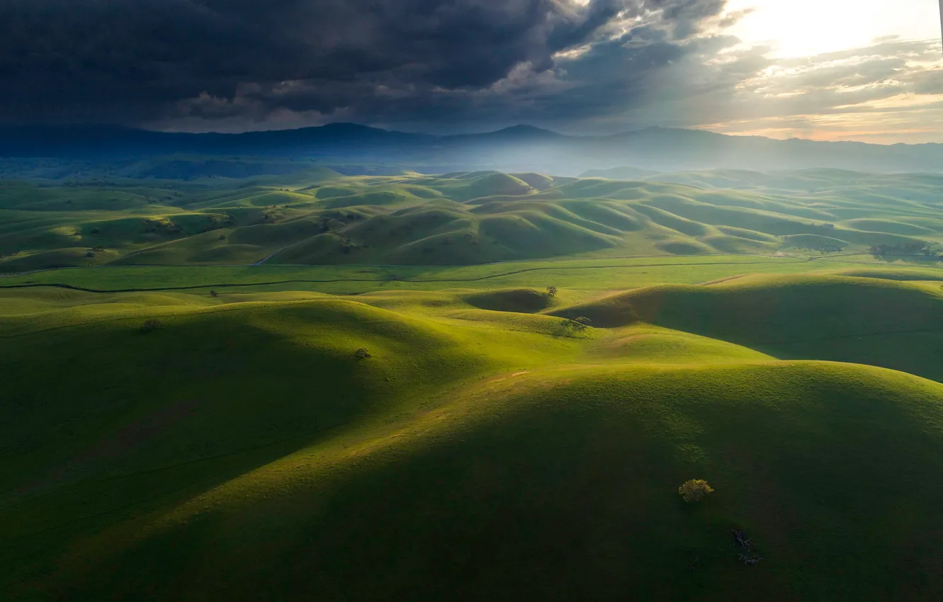 Photo wallpaper greens, field, the sky, the sun, clouds, clouds, hills