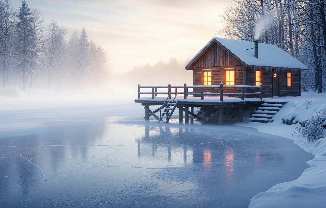 Photo wallpaper winter, snow, river, shore, art, house, ice