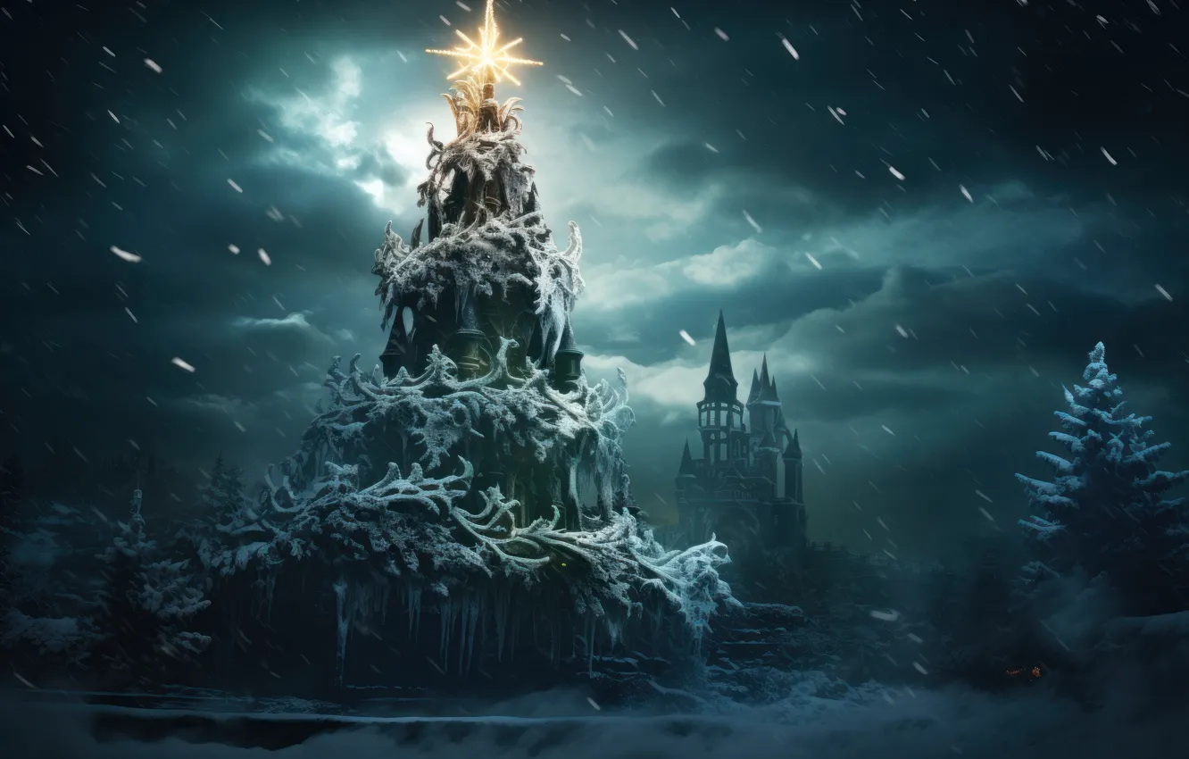 Photo wallpaper winter, snow, night, the dark background, tree, new year, Christmas, herringbone