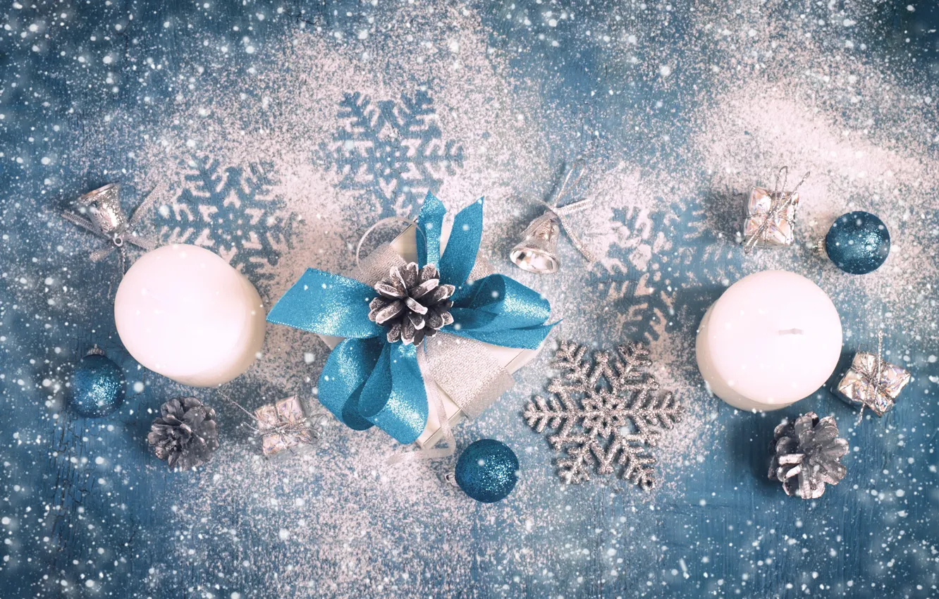 Photo wallpaper snow, decoration, snowflakes, new year, candles, Christmas, Christmas, wood