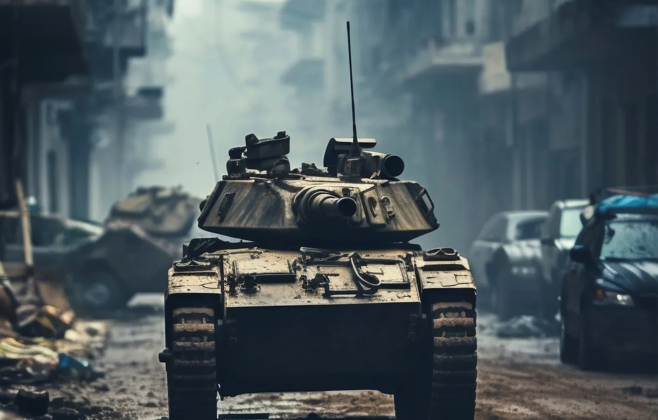 Photo wallpaper street, home, dirt, tank, car, digital art, AI art, The Art of Artificial Intelligence