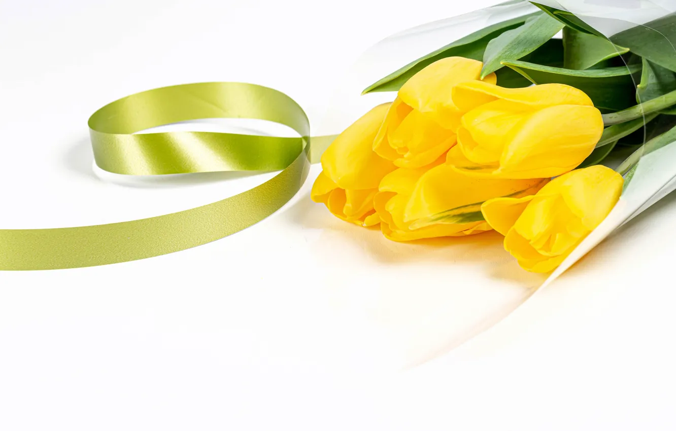 Photo wallpaper bouquet, tape, tulips, white background, yellow