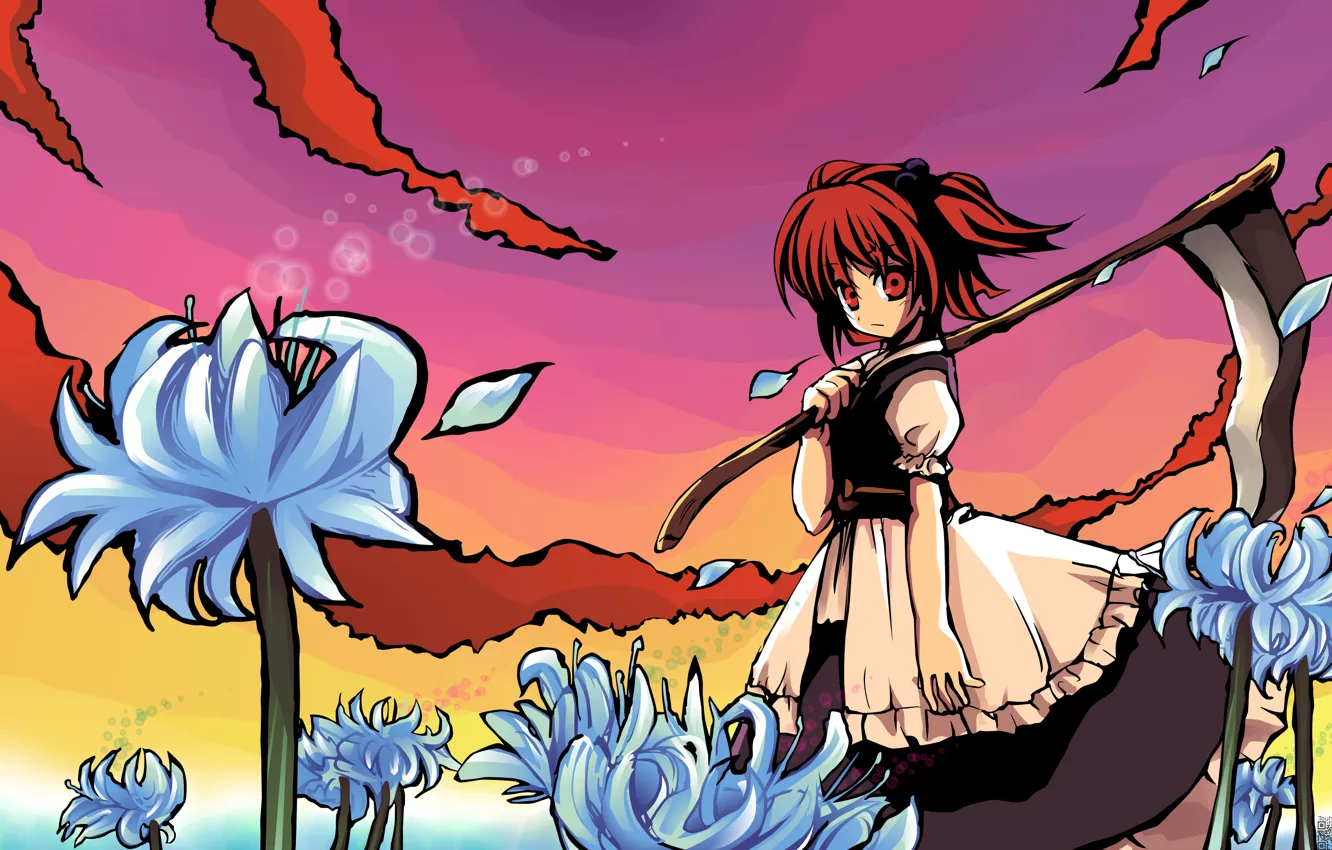 Photo wallpaper look, braid, red, red eyes, touhou, komachi is beautiful, Blue flowers