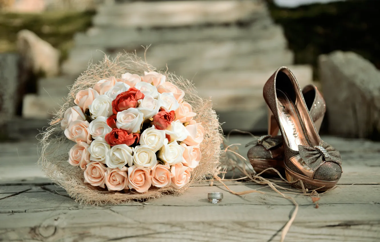 Photo wallpaper flowers, roses, bouquet, ring, shoes, wedding