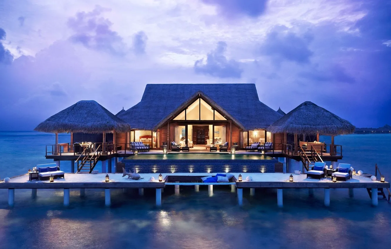 Photo wallpaper the ocean, the evening, the hotel, Bungalow, magnificent resort bungalow on stilts