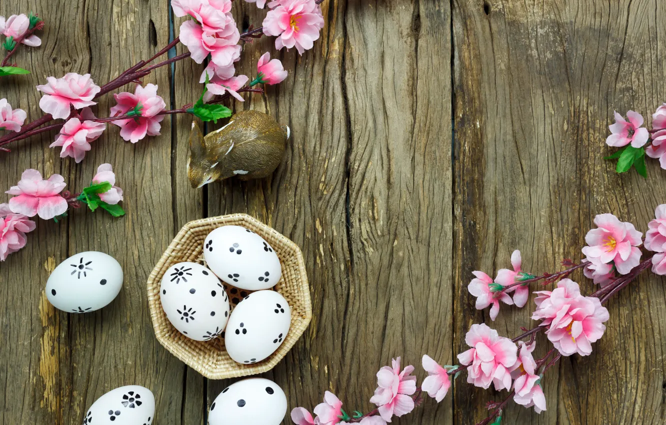 Photo wallpaper flowers, basket, eggs, spring, Easter, pink, wood, pink