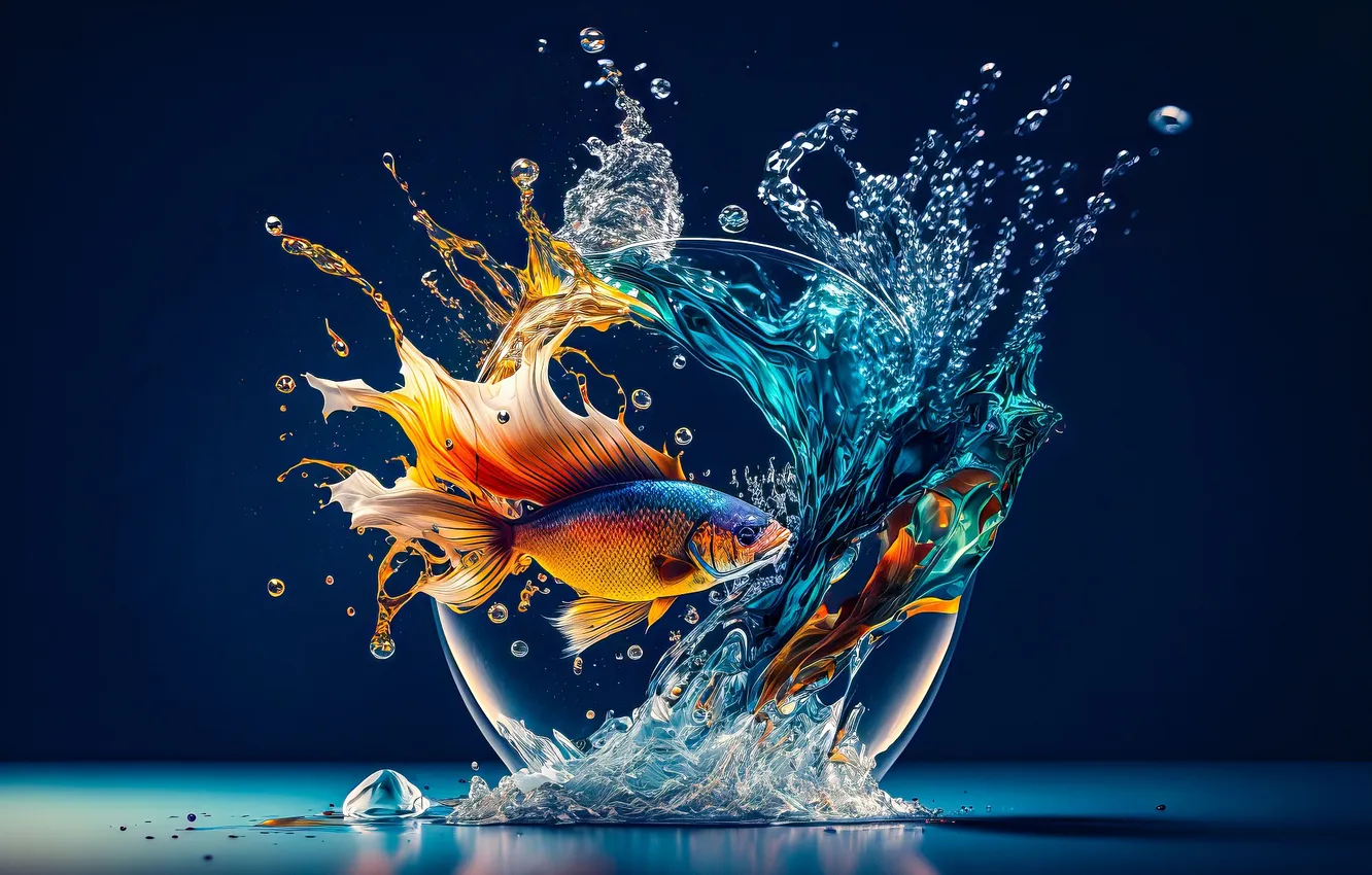 Photo wallpaper water, drops, fish, squirt, fish