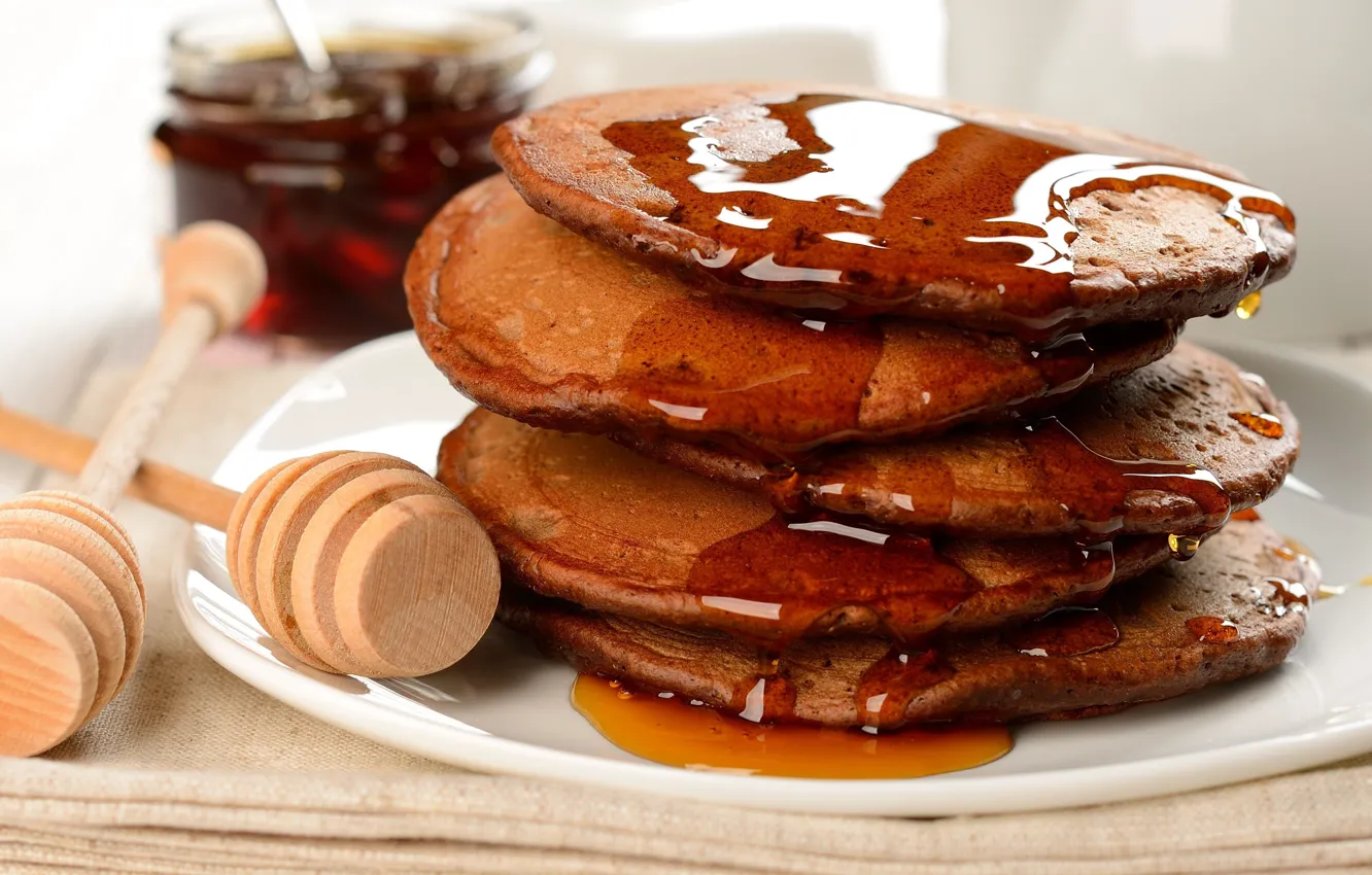 Photo wallpaper food, Breakfast, honey, plate, pancakes, maple syrup