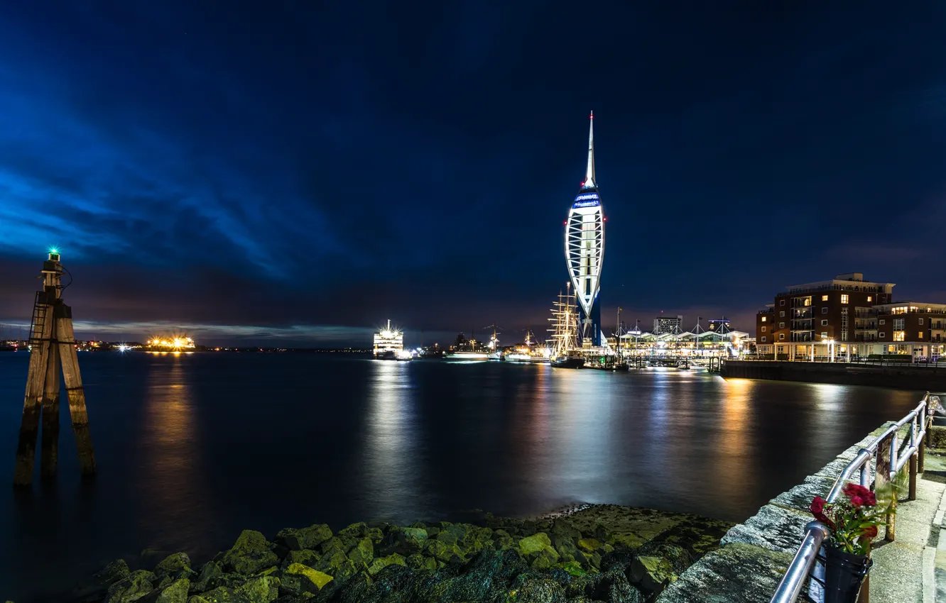 Photo wallpaper the sky, clouds, night, lights, Strait, stones, ship, England
