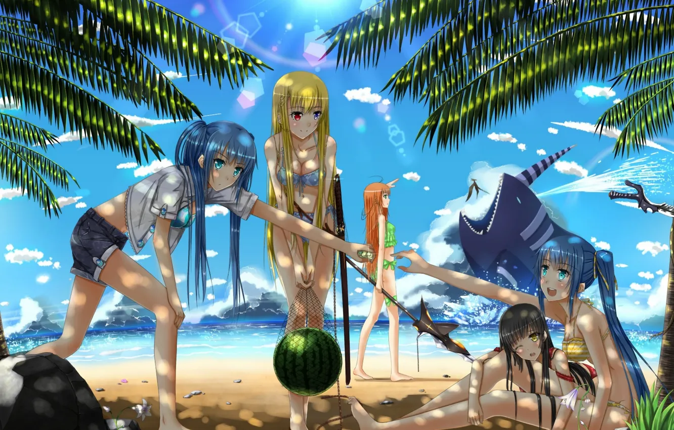 Photo wallpaper sea, beach, the sky, clouds, palm trees, weapons, girls, shore